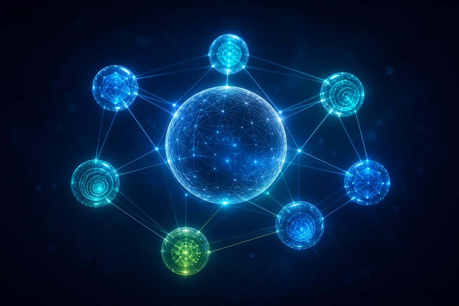 Seven glowing nodes connected around a central globe, representing the entrepreneurial intelligence ecosystem